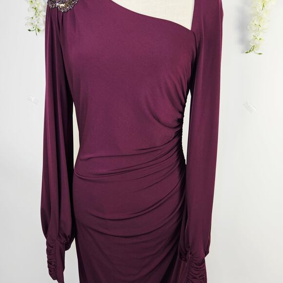 David Meister Size 6 Plum Cocktail Dress Ruched Midi Dress Beaded Elegant Party - Picture 7 of 15